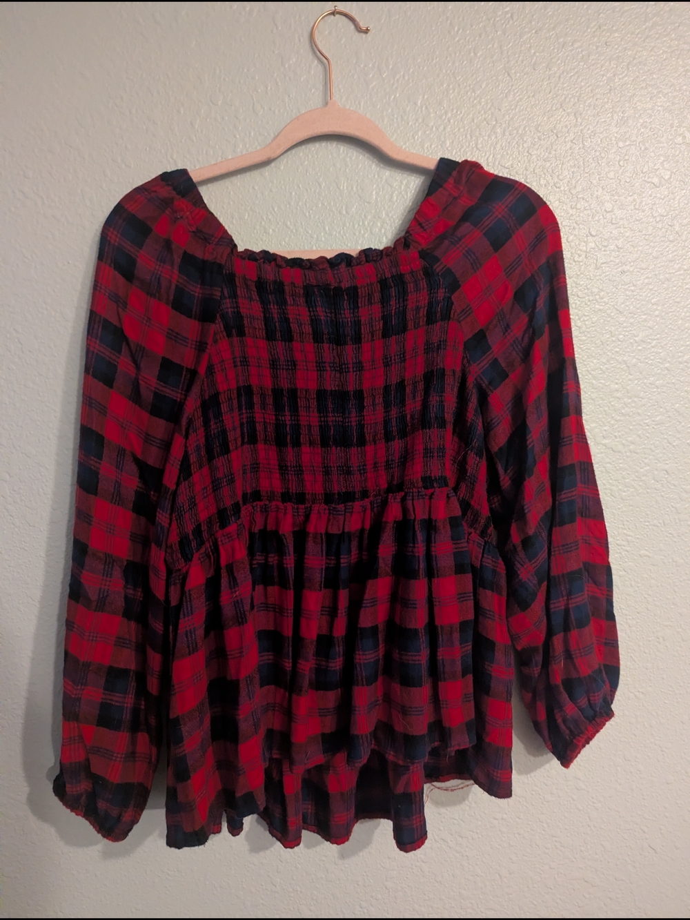 Red and Black Plaid Peasant Blouse - Picture 2 of 3